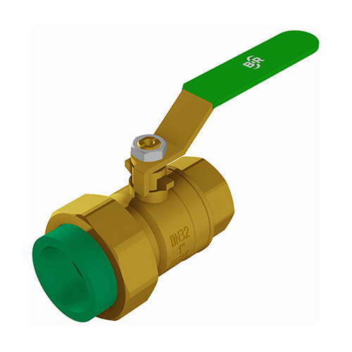 PP-RCT adapter ball valve-brass female thread-cylindric union connection w/ o-ring-EPDM green